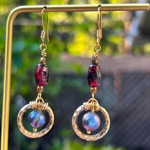 Handmade Vintage Garnet and Peacock Blue Freshwater Pearl Earrings